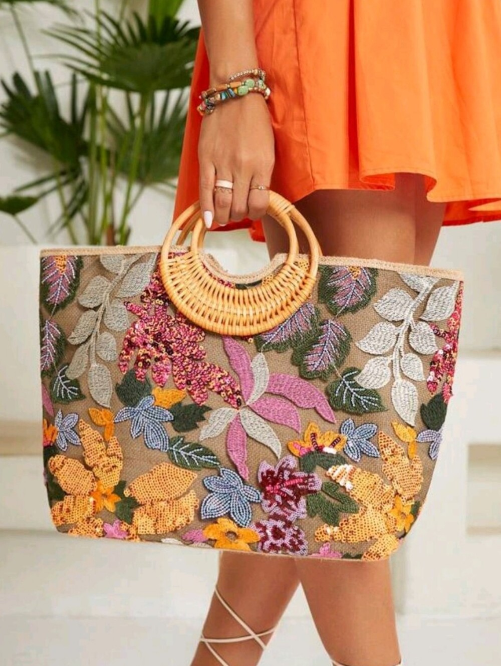 Multicolor Floral Embroidered Tote Bag with Bamboo Handles